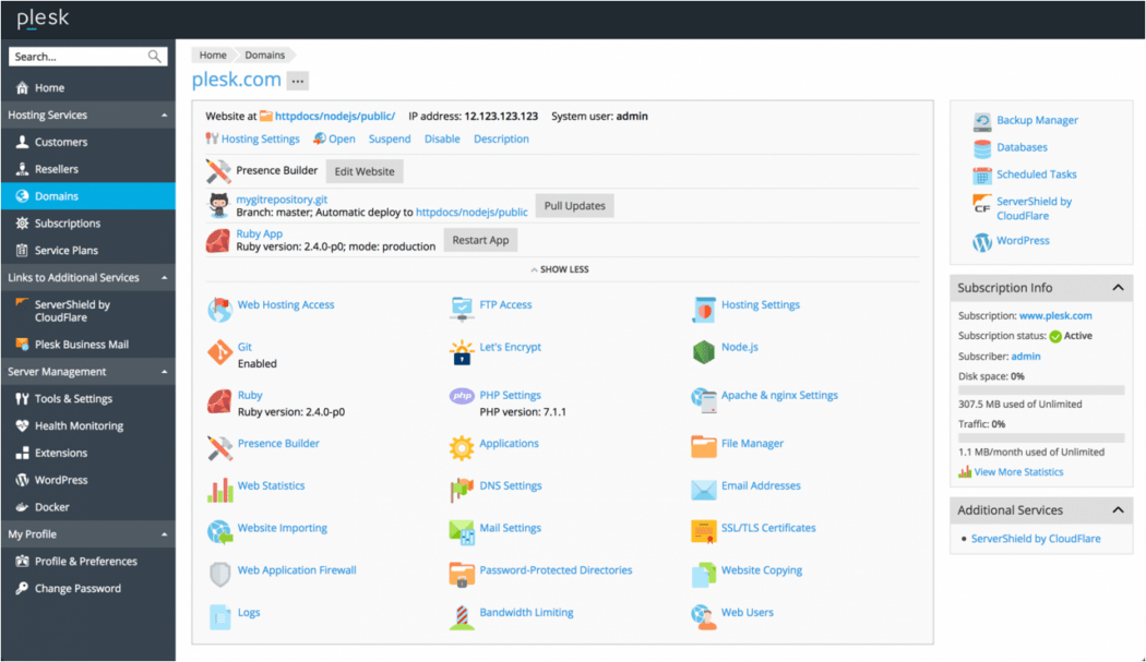Plesk website management interface.