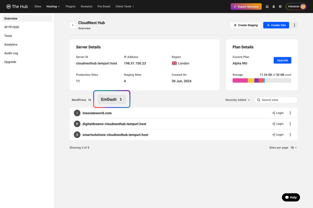 List of EmDash sites in The Hub