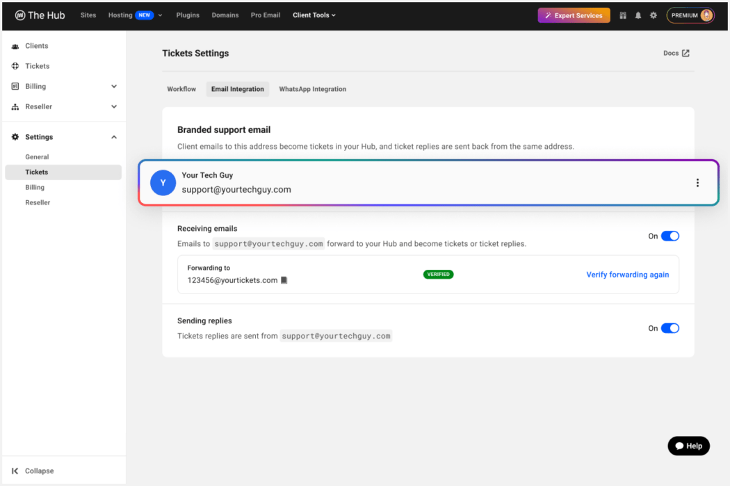 Clients can create Hub Tickets via your branded support email address