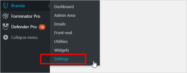 Branda settings menu.