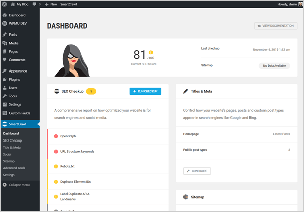 SmartCrawl WordPress SEO plugin dashboard