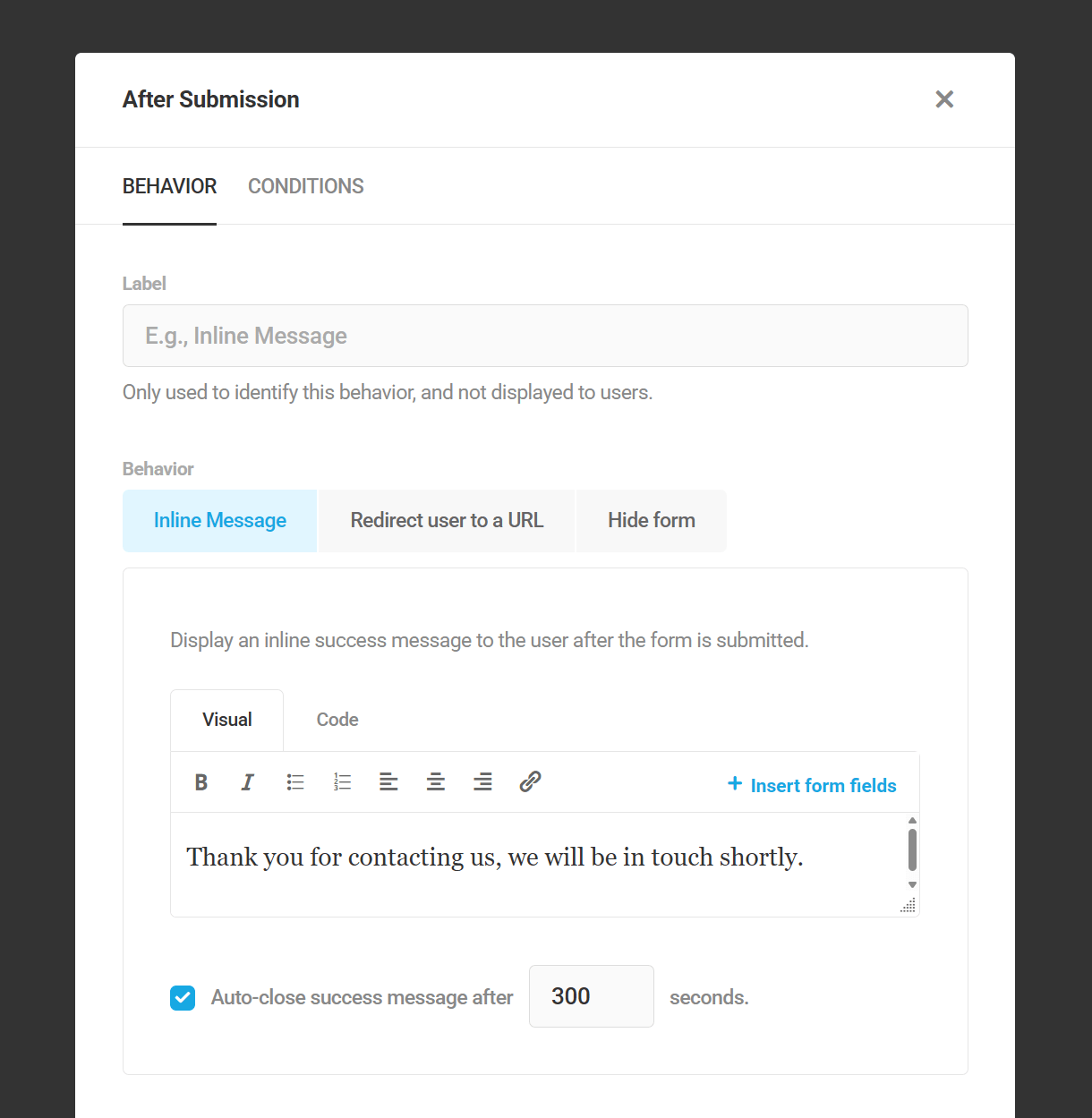 Configure submission behavior for a Forminator form