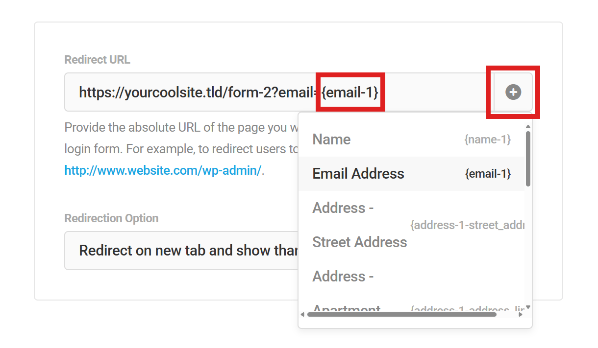 Set query parameters for redirect to another form upon submission in Forminator