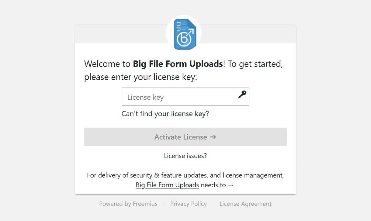 Enter license key for Big File Form Uploads plugin