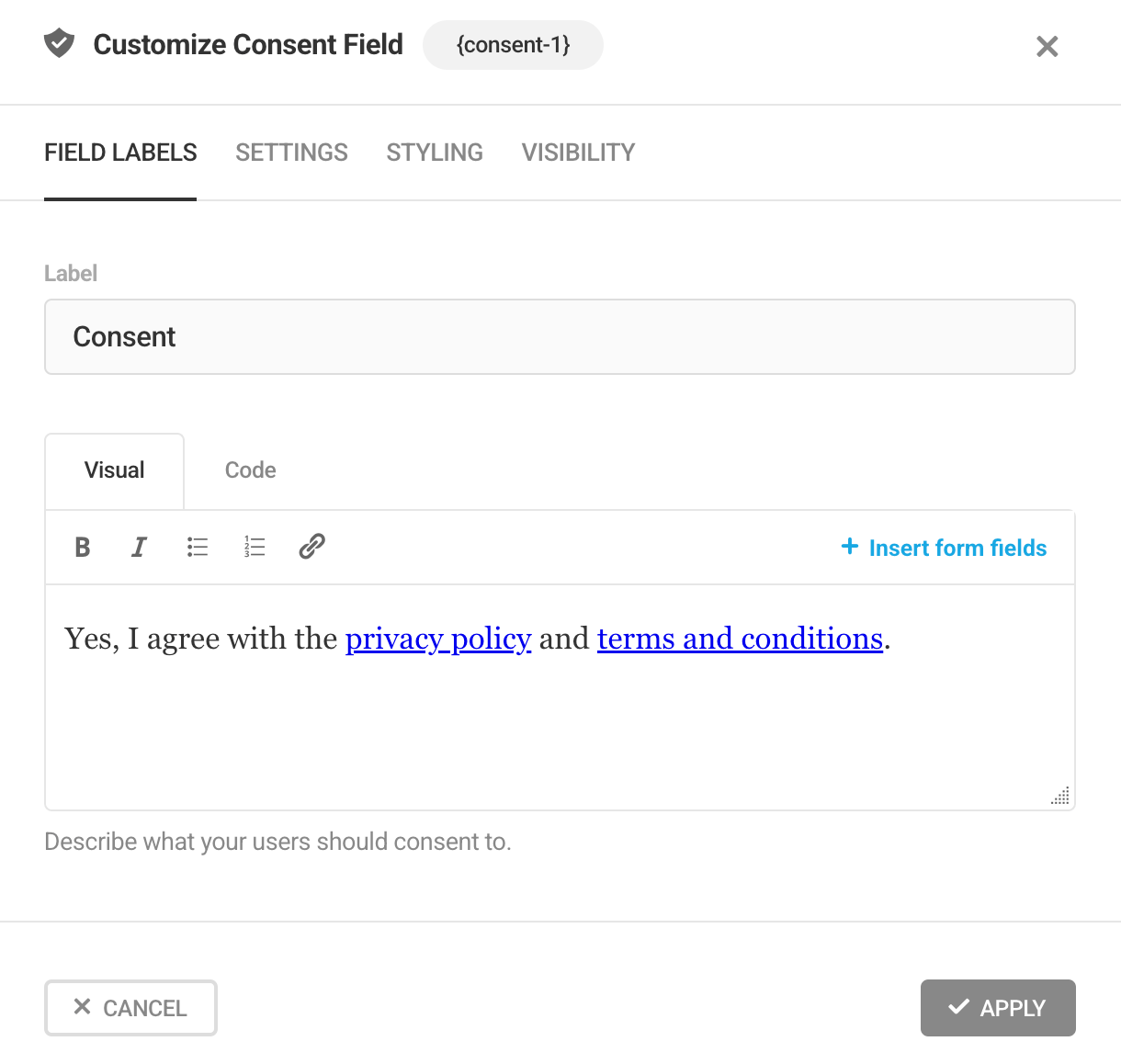 Customize the labels of the Consent field