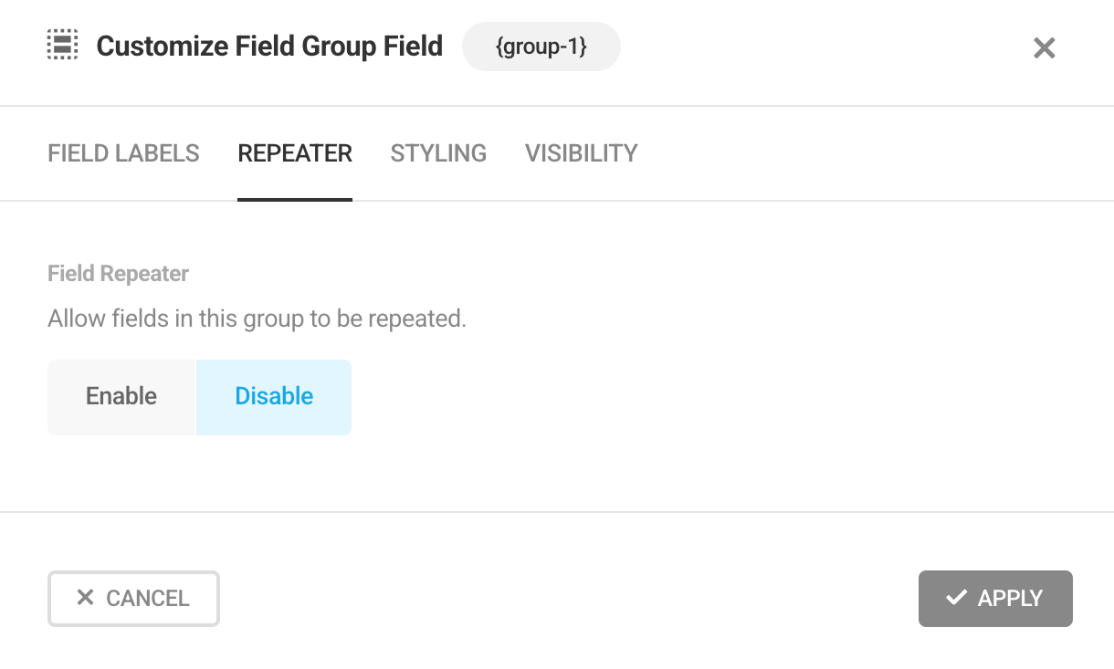 Enable Repeater option in Forminator Field Group