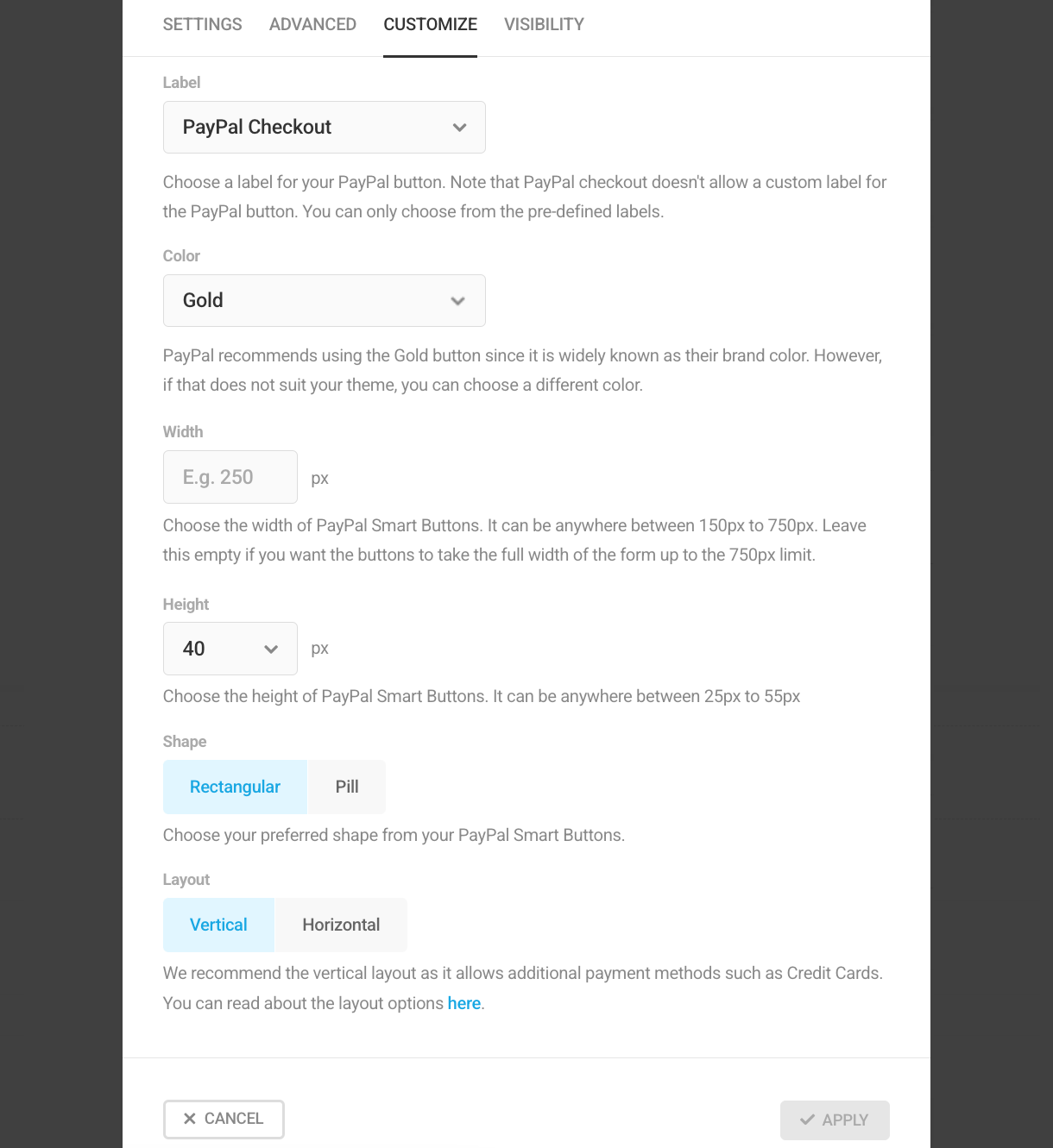 Customize payment buttons in Forminator PayPal field