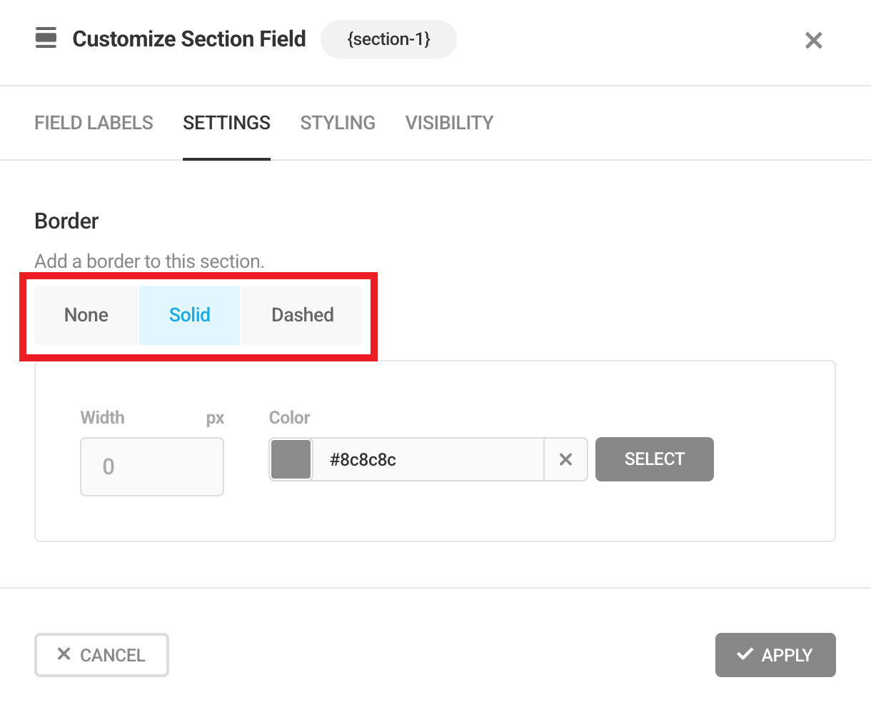 Edit Section field settings in a Forminator form