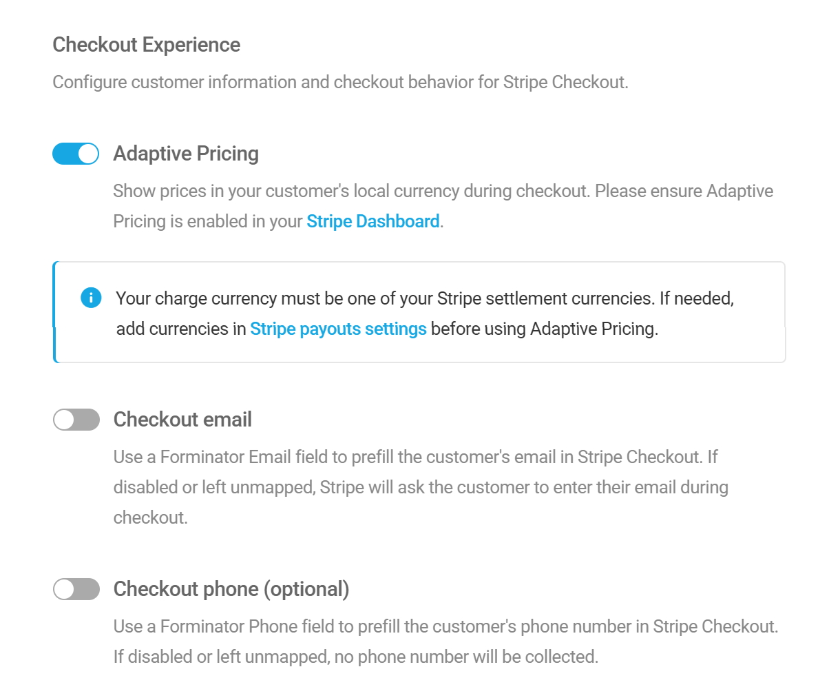 Configure checkout options in Stripe field