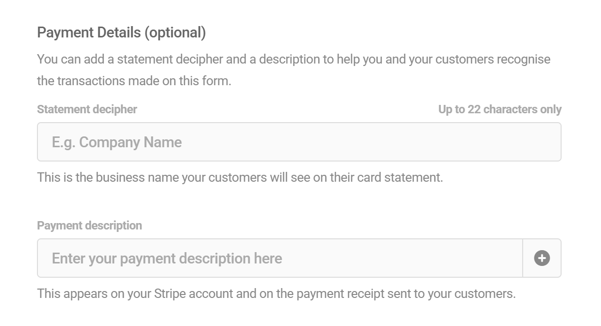 Payment details option in Forminator Stripe field