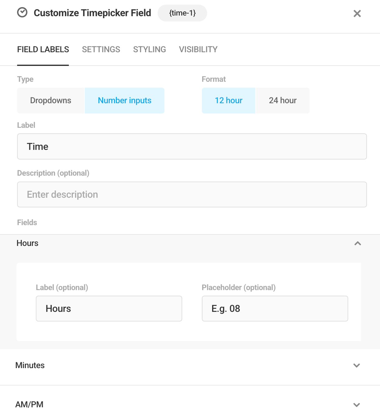 Adjust format and labels in a Forminator Timepicker field