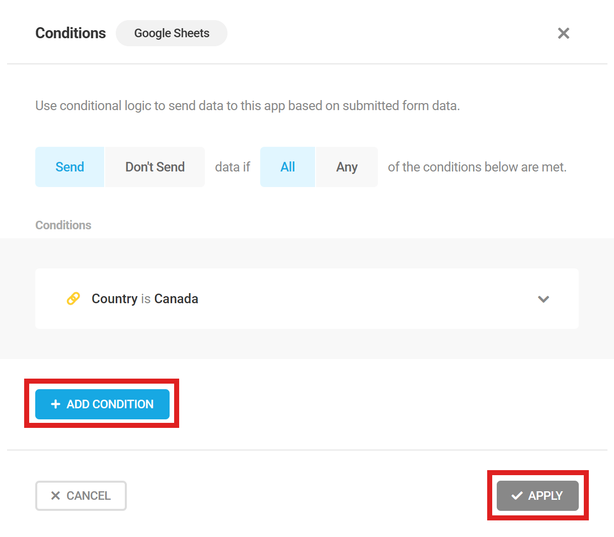 Example of sending data conditionally to 3rd-party apps in Forminator
