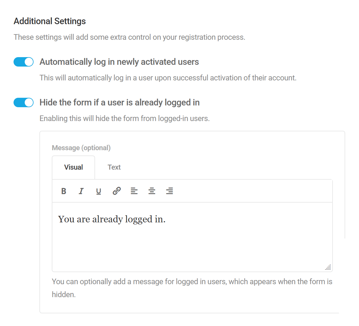Additional settings in Forminator registration form