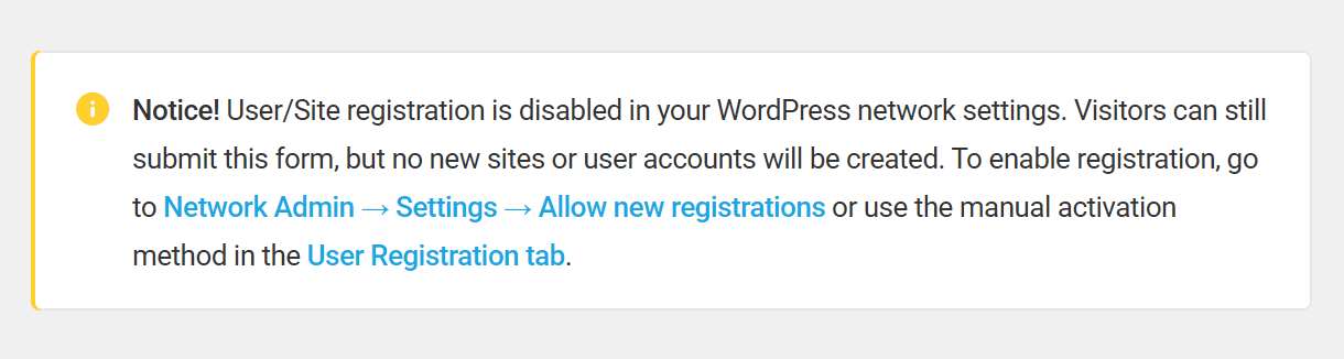 User/Site registration is disabled in WordPress network settings notice