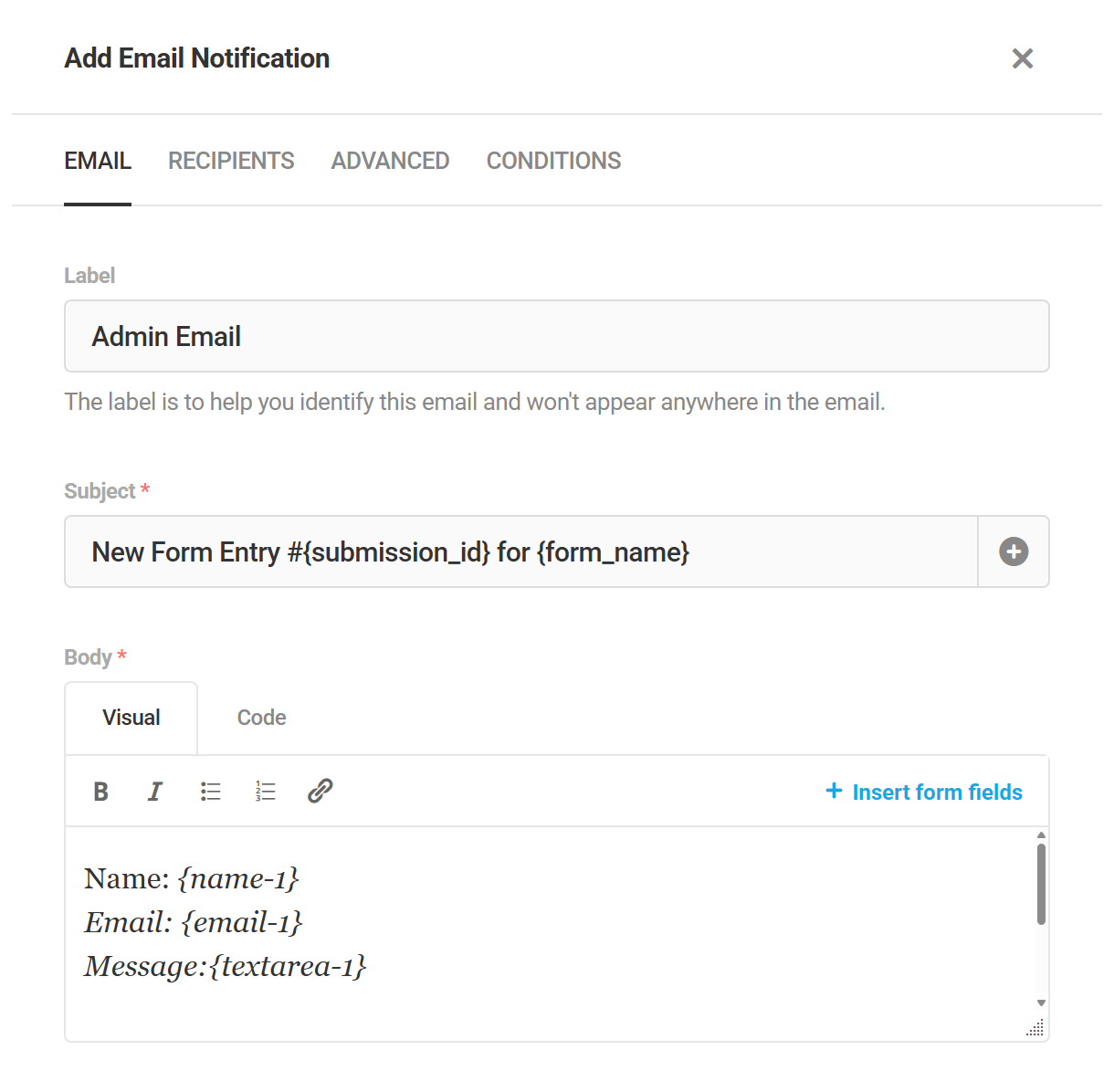 Edit email notification in Forminator form