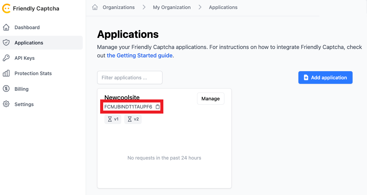 Copy the Friendly Captcha application key