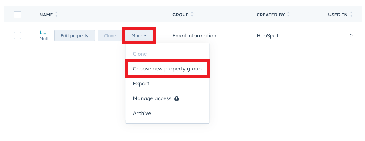 Move property to group in Hubspot