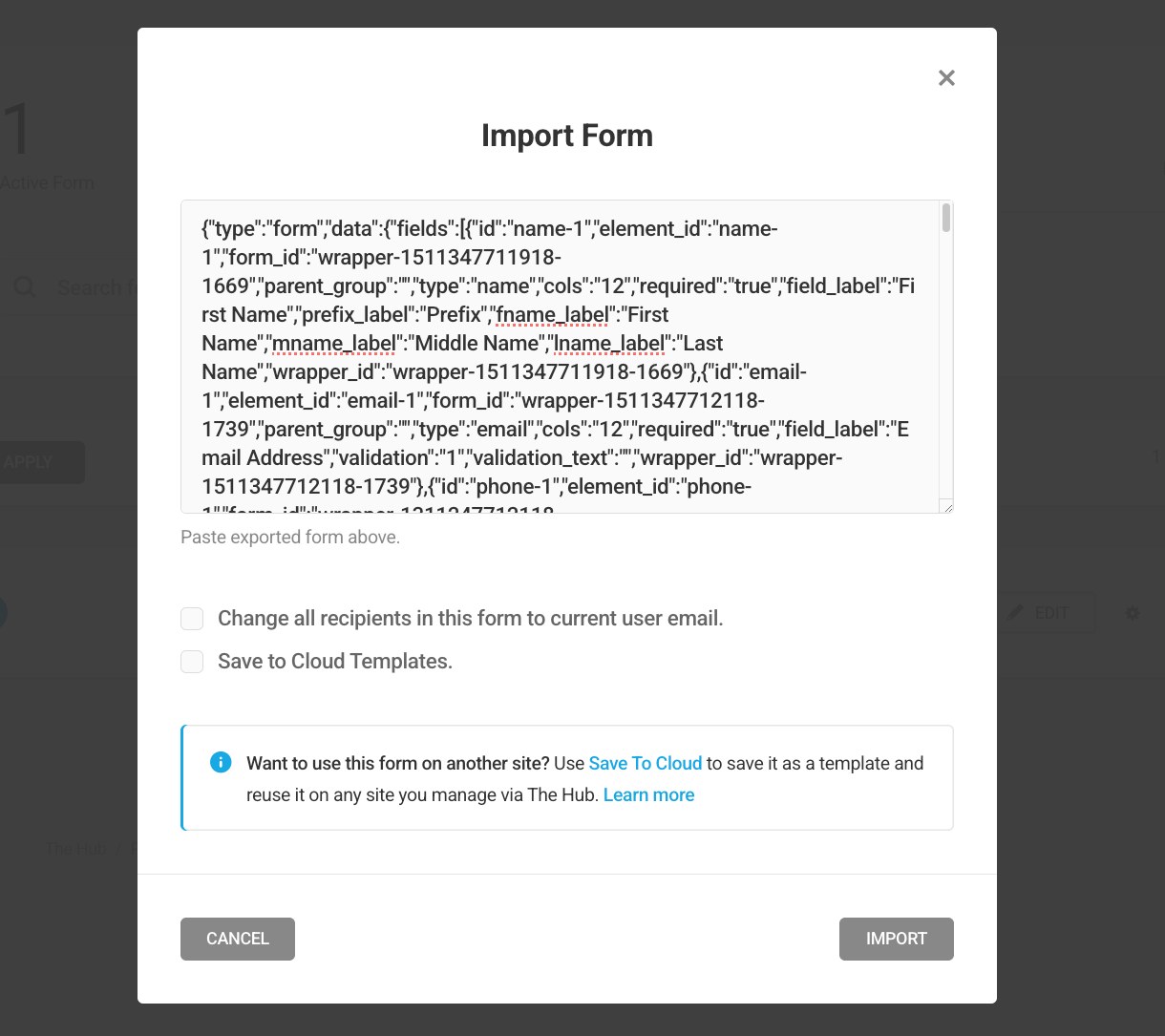 Paste form code for import in Forminator