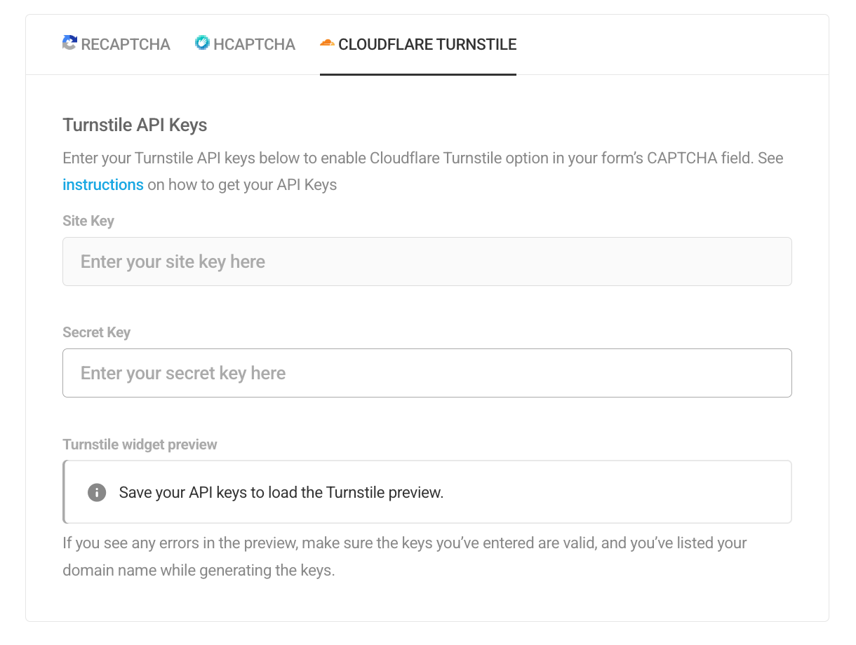 Cloudflare Turnstile settings in Forminato
