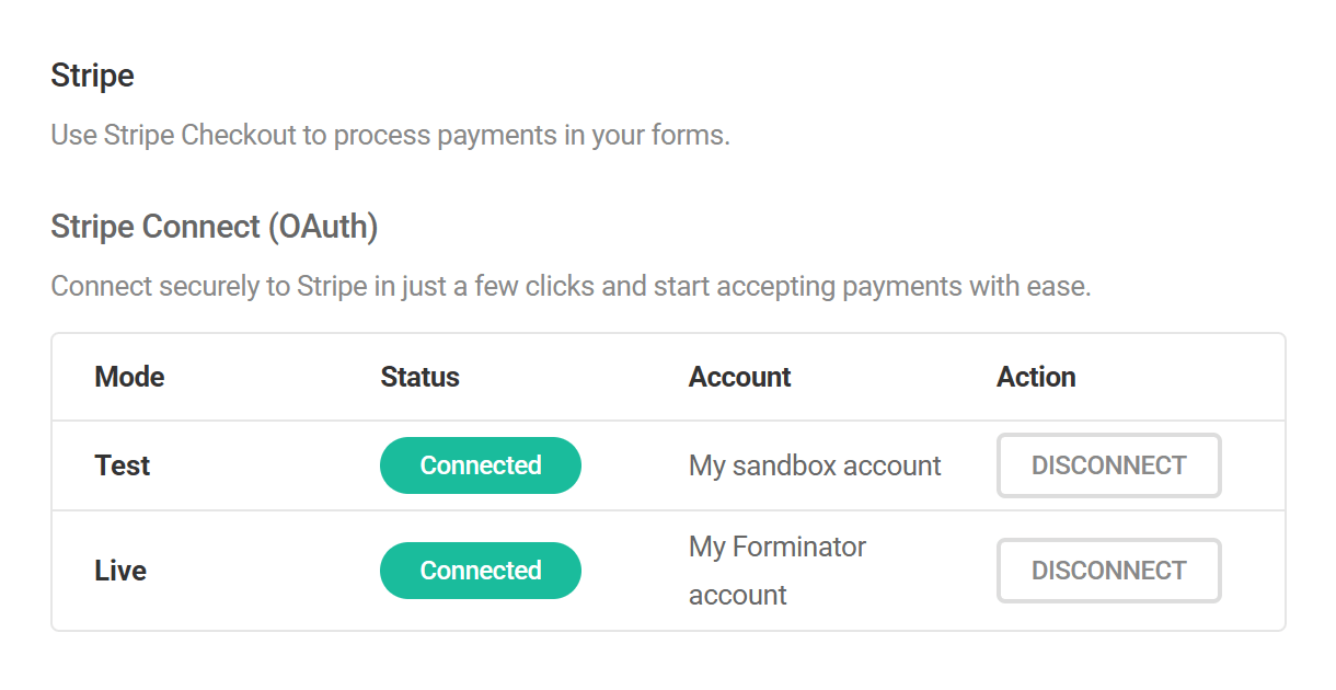 Forminator successfully connected to Stripe