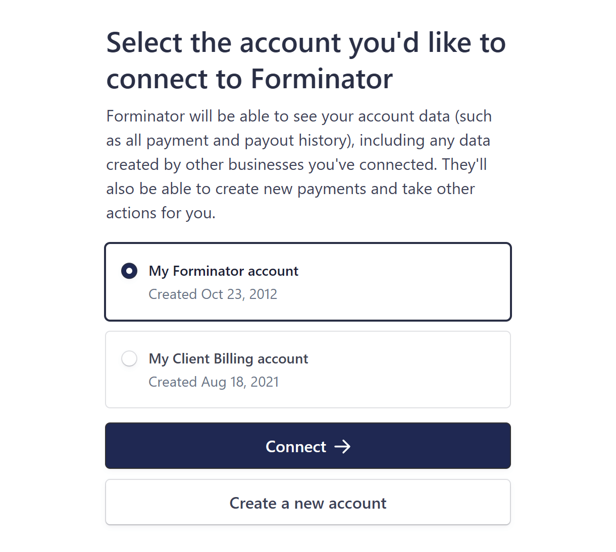 Select Stripe account to connect to Forminator