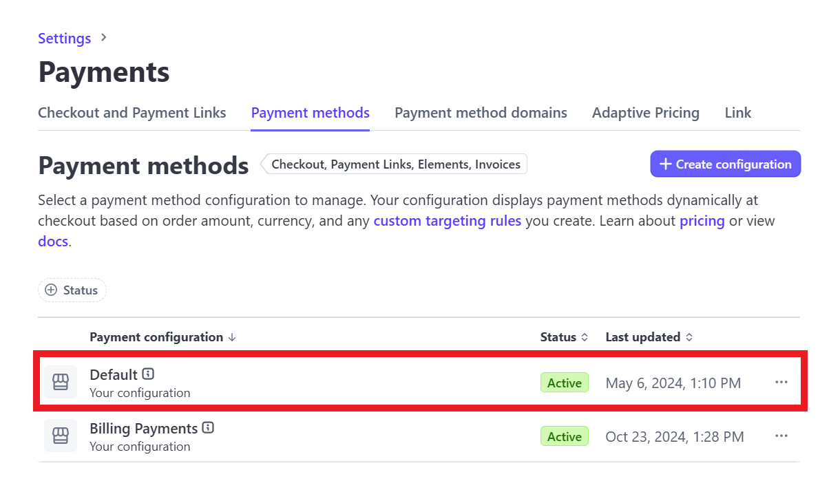 Default payment configuration at Stripe