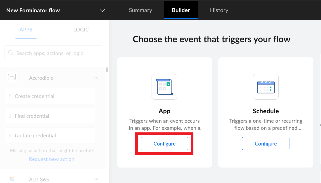 Select to use an app as the trigger in a Zoho flow