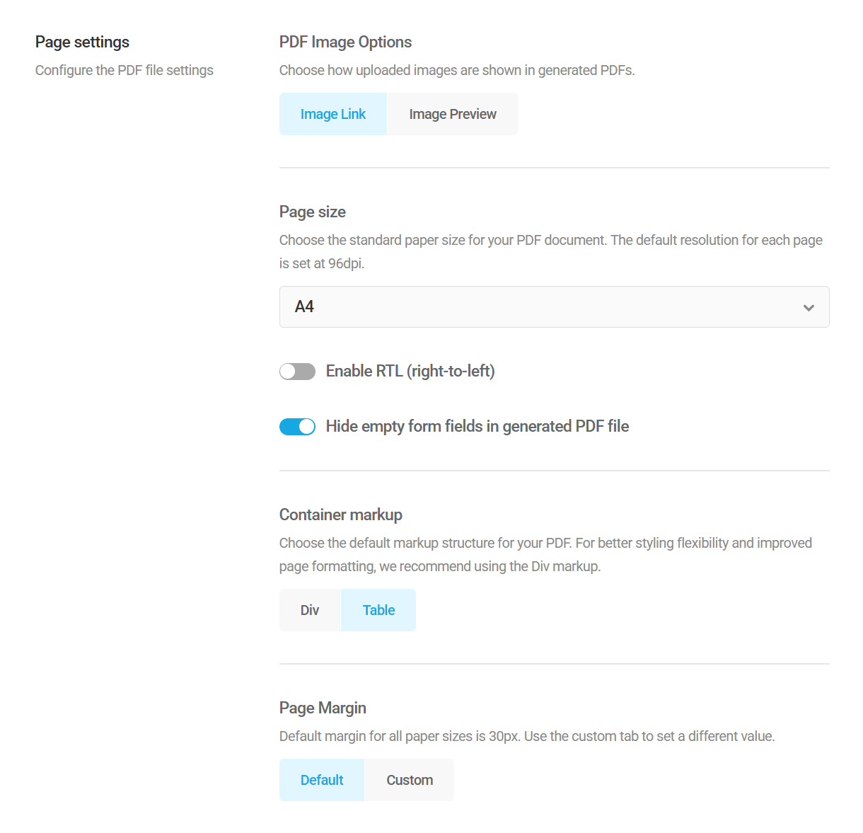 Forminator PDF page settings