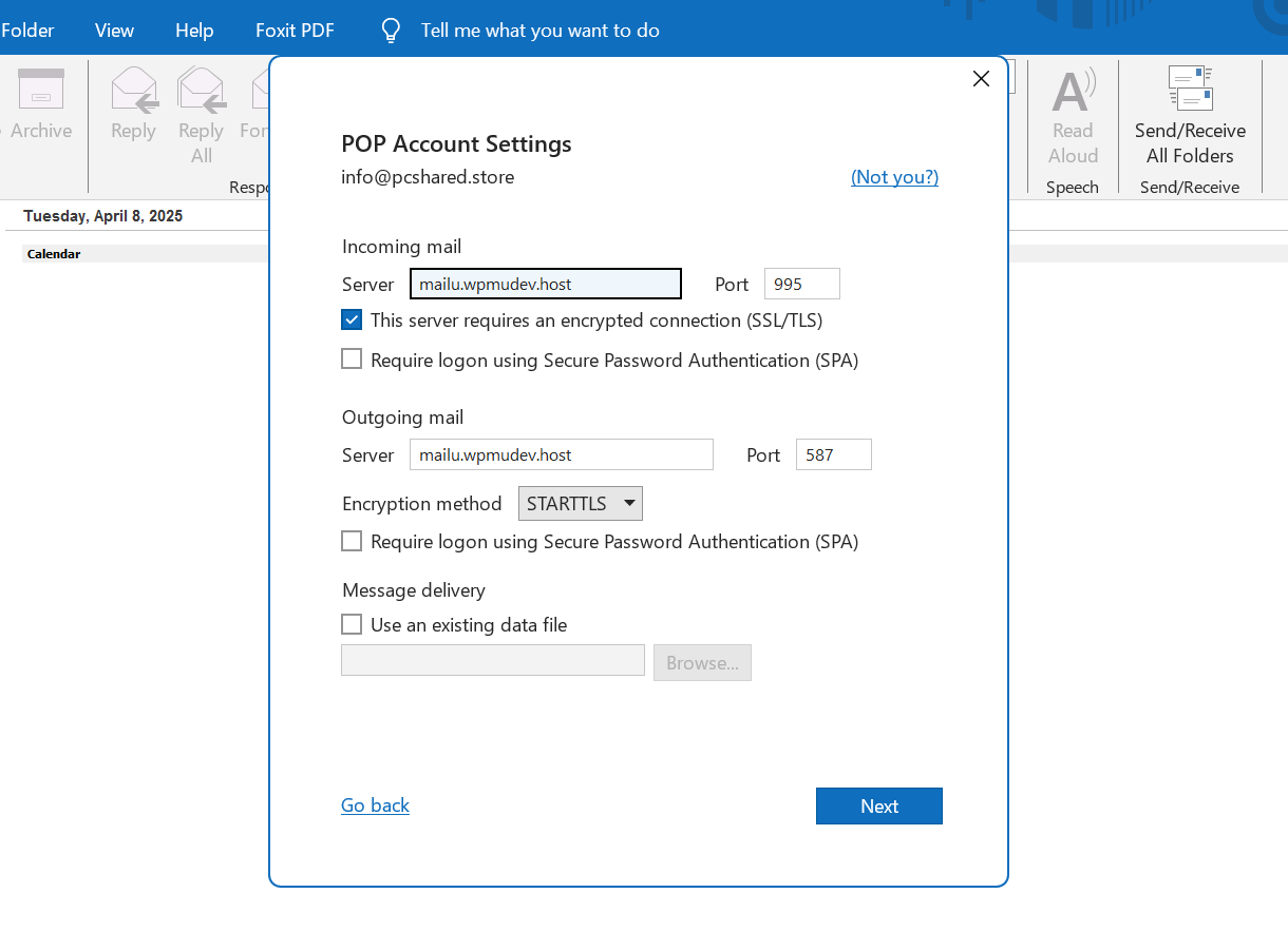 Enter connection info for a hosted email in Outlook