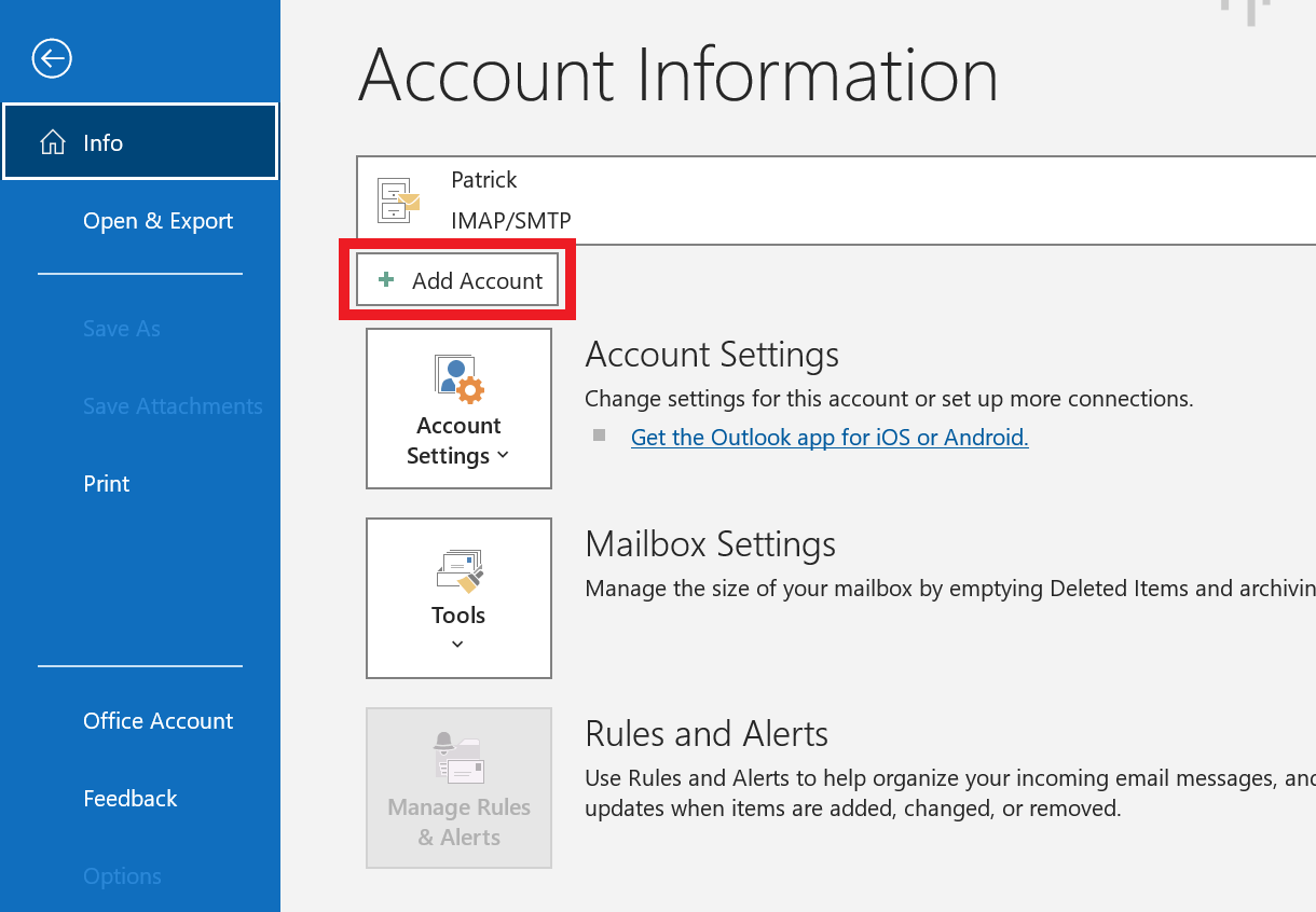 Add a new account in Outlook
