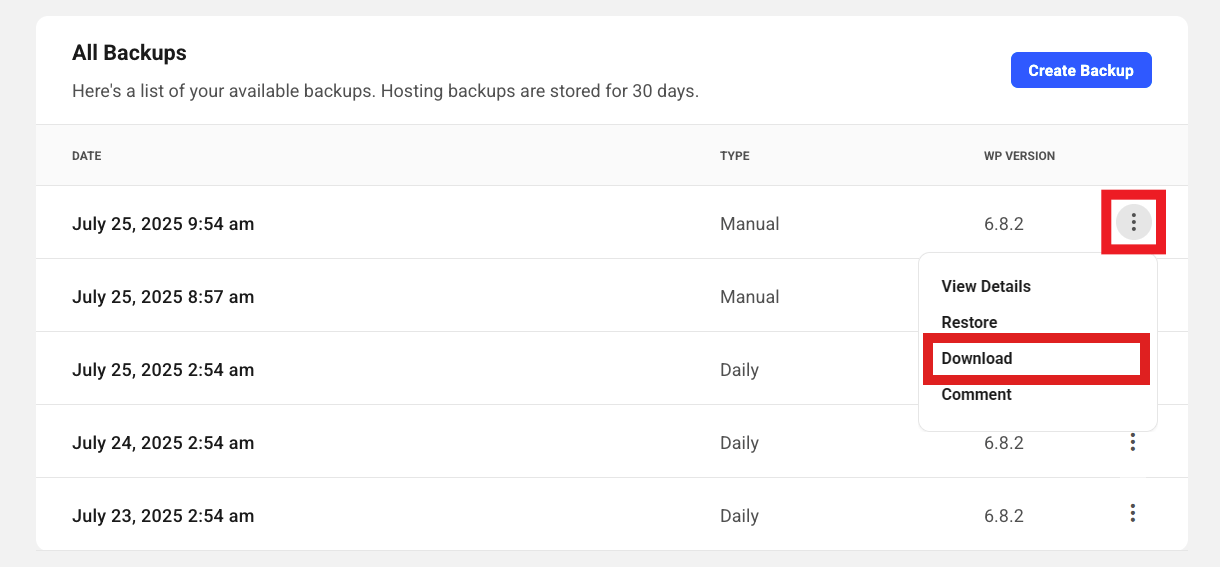 Backup download option