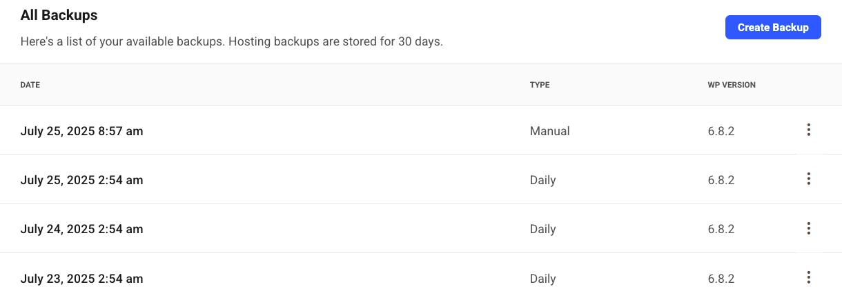 Hosting backups list