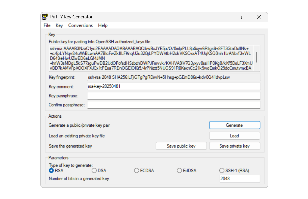 SSH key created in PuTTY