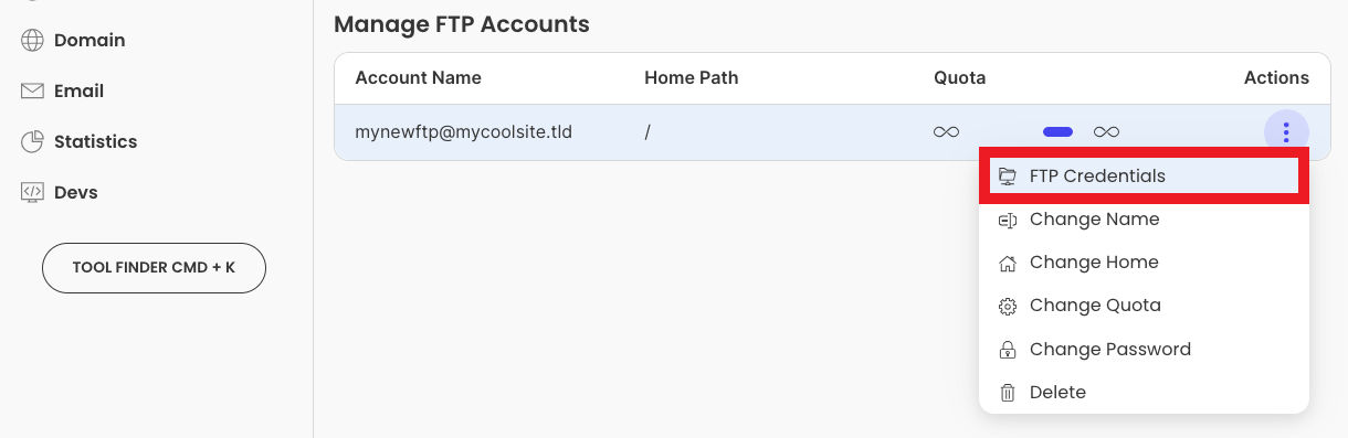 FTP account options at Siteground