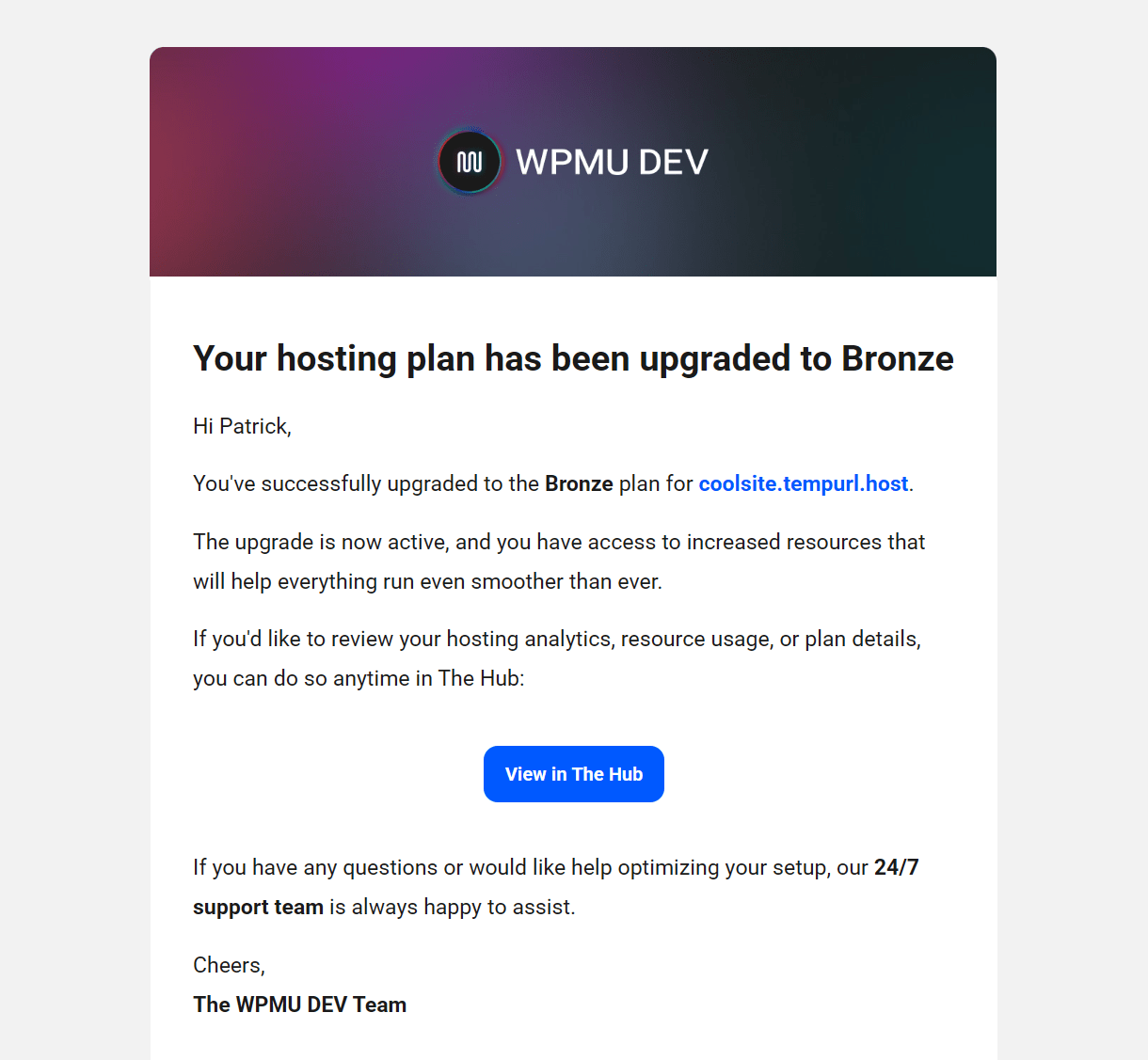 Email sent when the hosting plan of a site or server is upgraded successfully