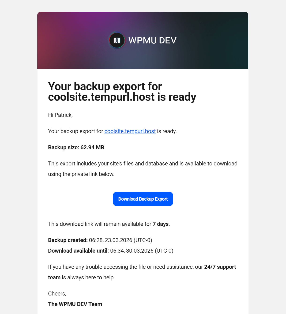Email sent when a site backup is requested