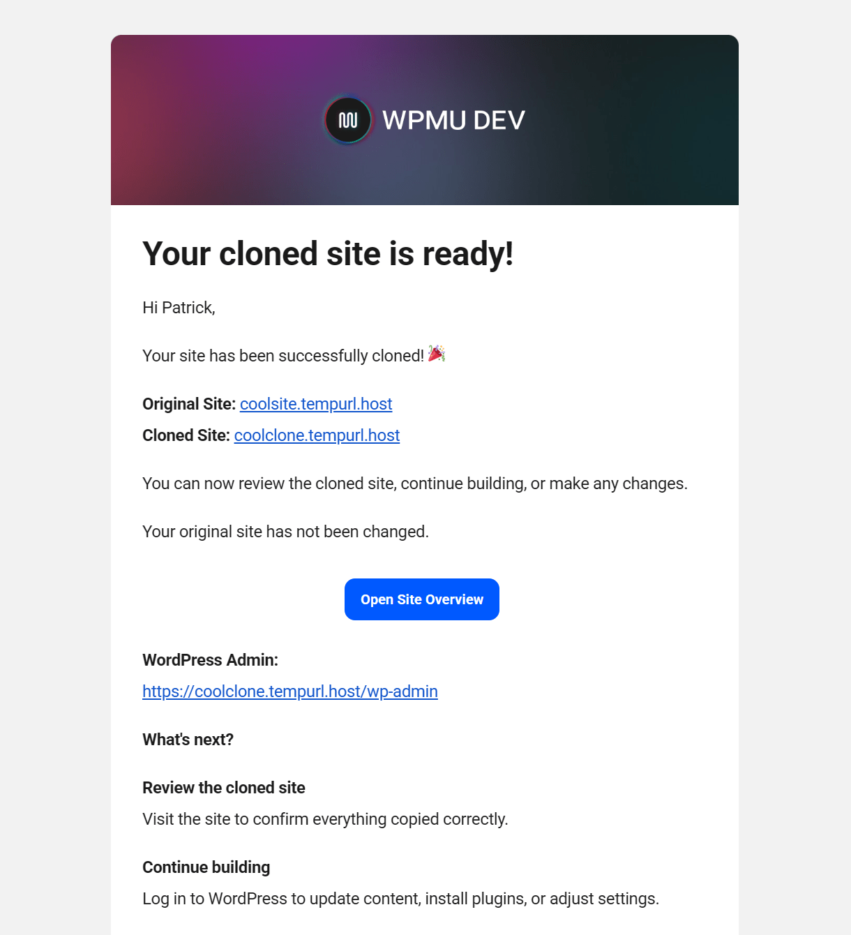 Email sent when a site has been successfully cloned