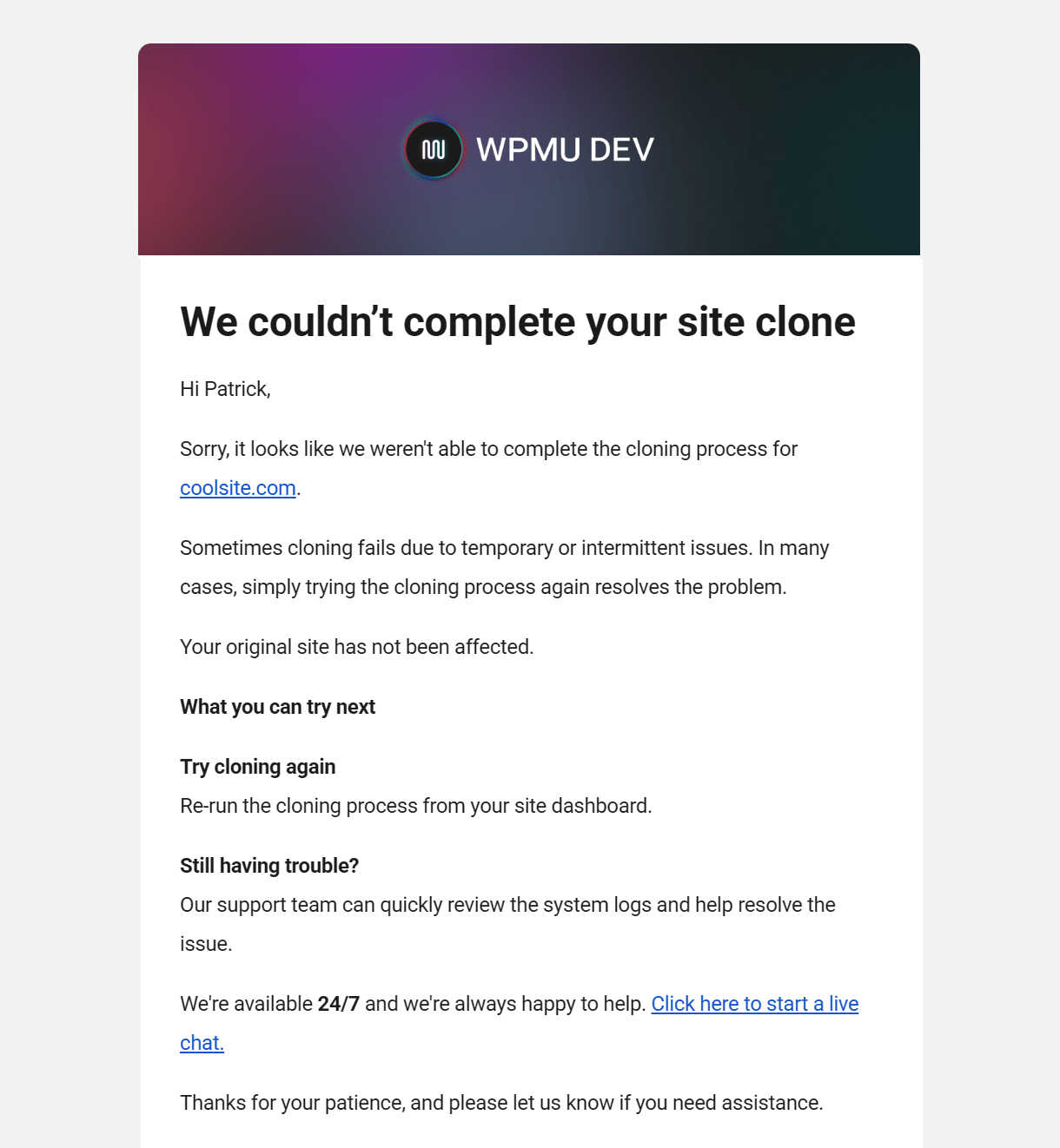 Email is sent when cloning a site has failed