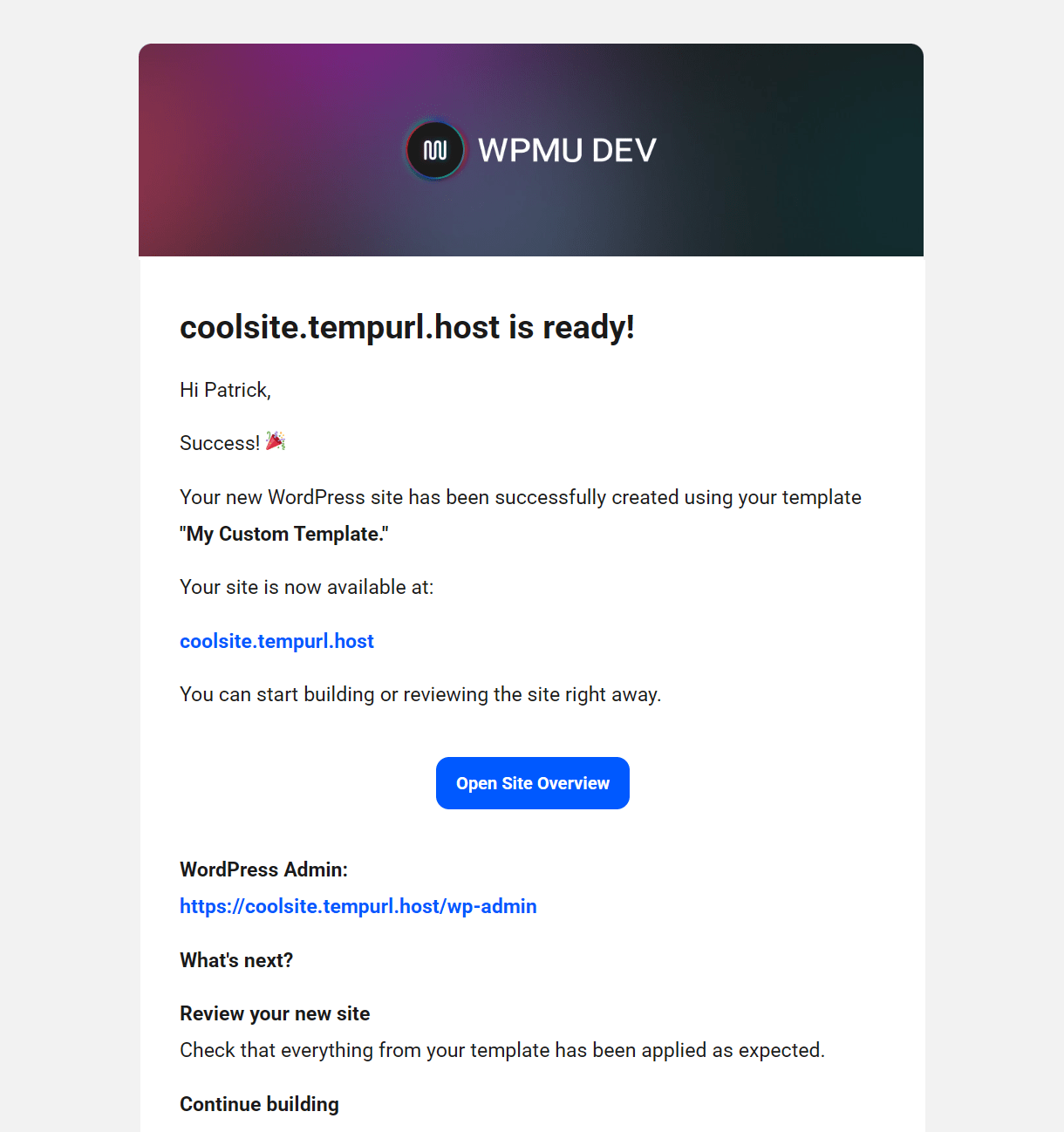 Email sent when a site is created with a template