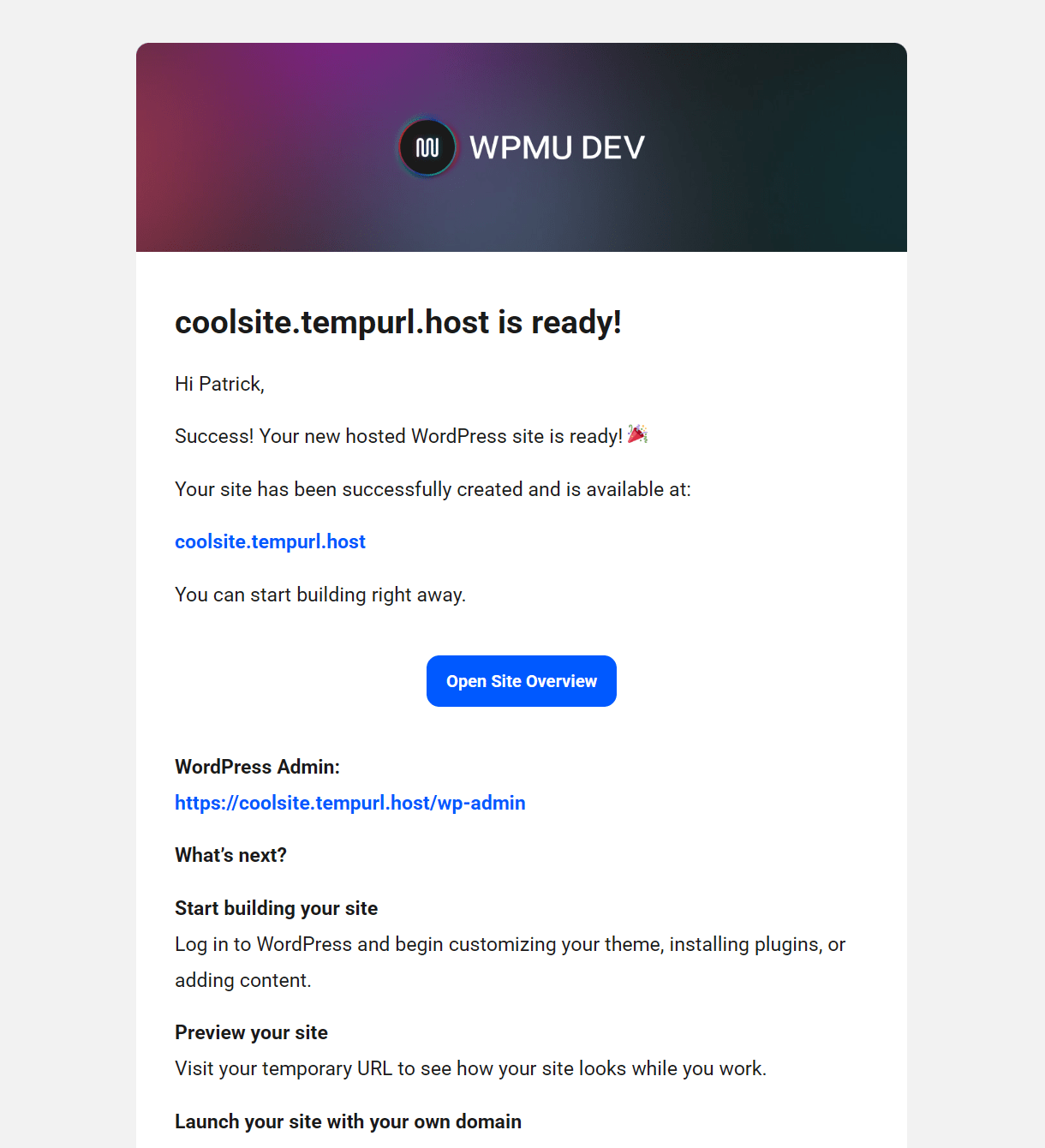 Email sent when a WordPress site is created
