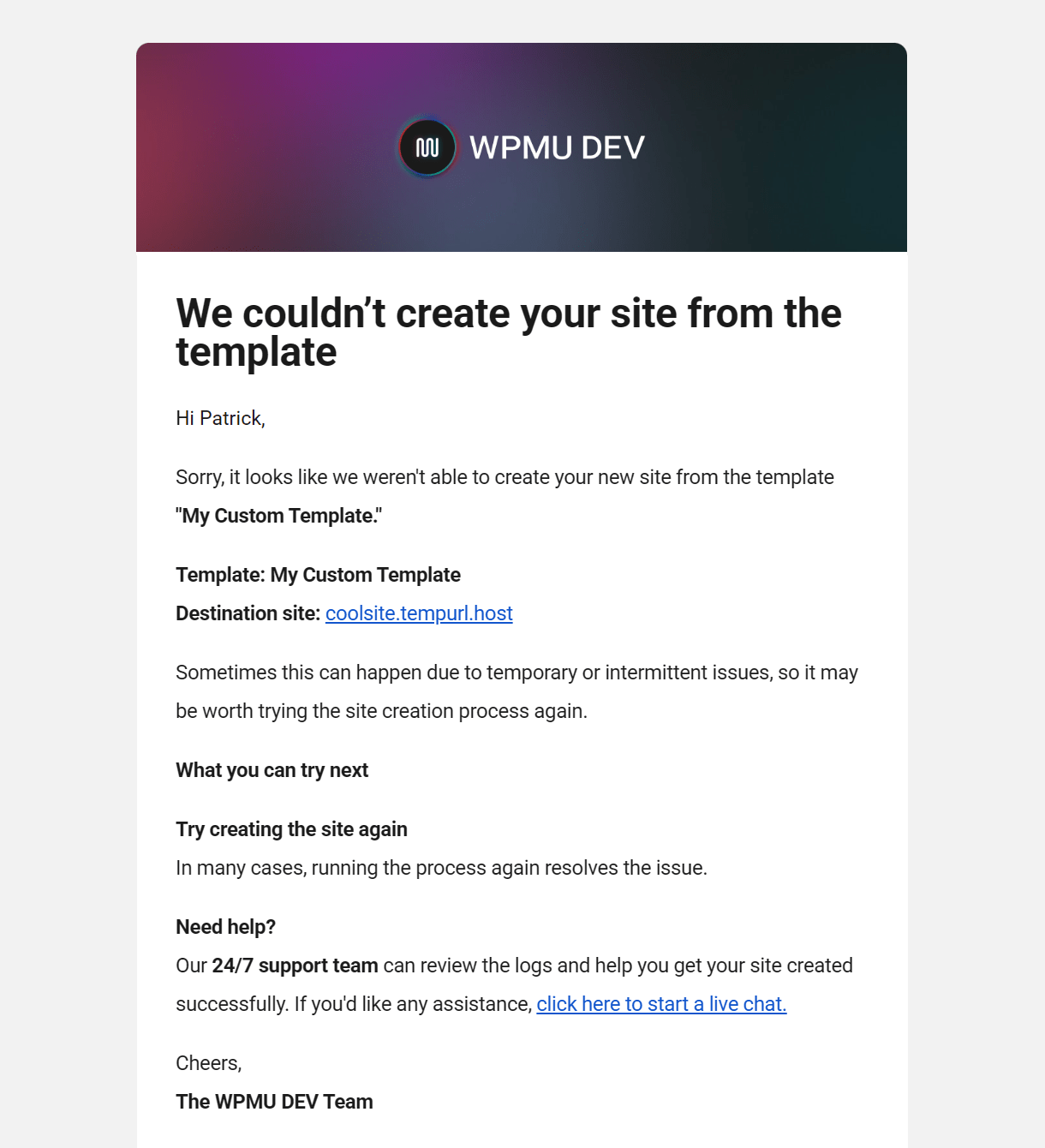 Email sent when site creation with a template fails