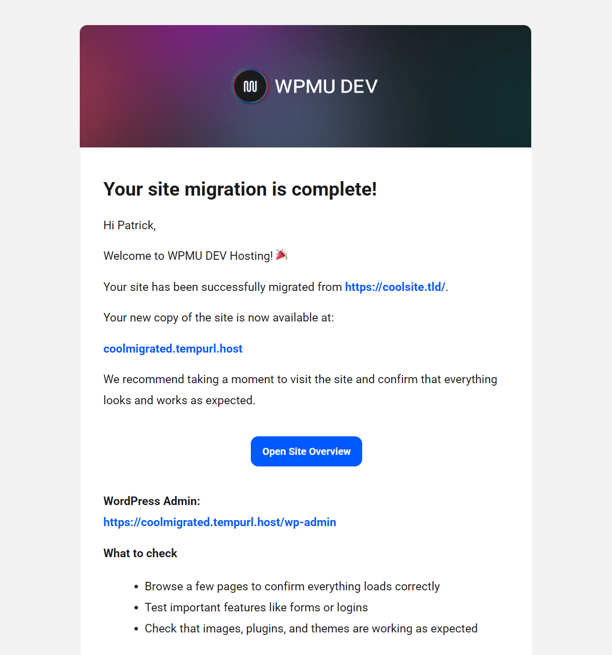 Email sent when a site has been successfully migrated