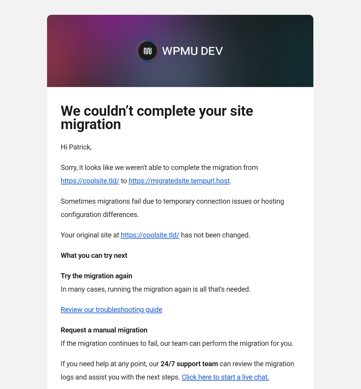 Email is sent when migrating a site has failed