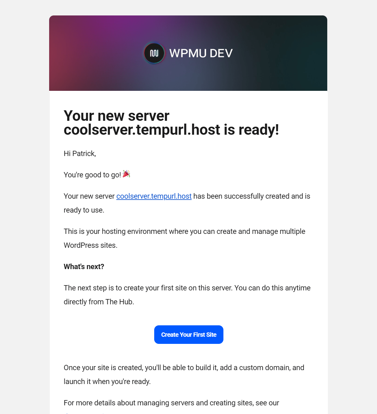 Email sent when a new unlimited hosting server is created
