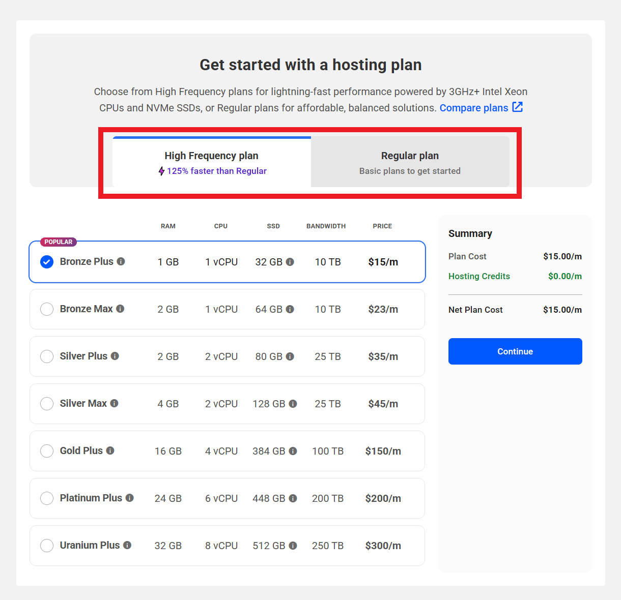 Select regular or high frequency hosting plan