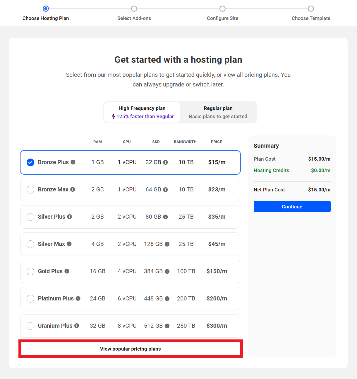 Select the hosting plan for your new site