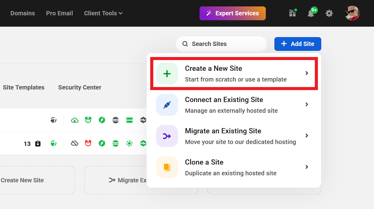 Create a new WPMU DEV hosted site in The Hub