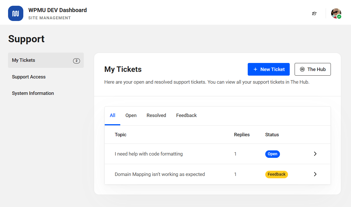 Dashboard support tickets