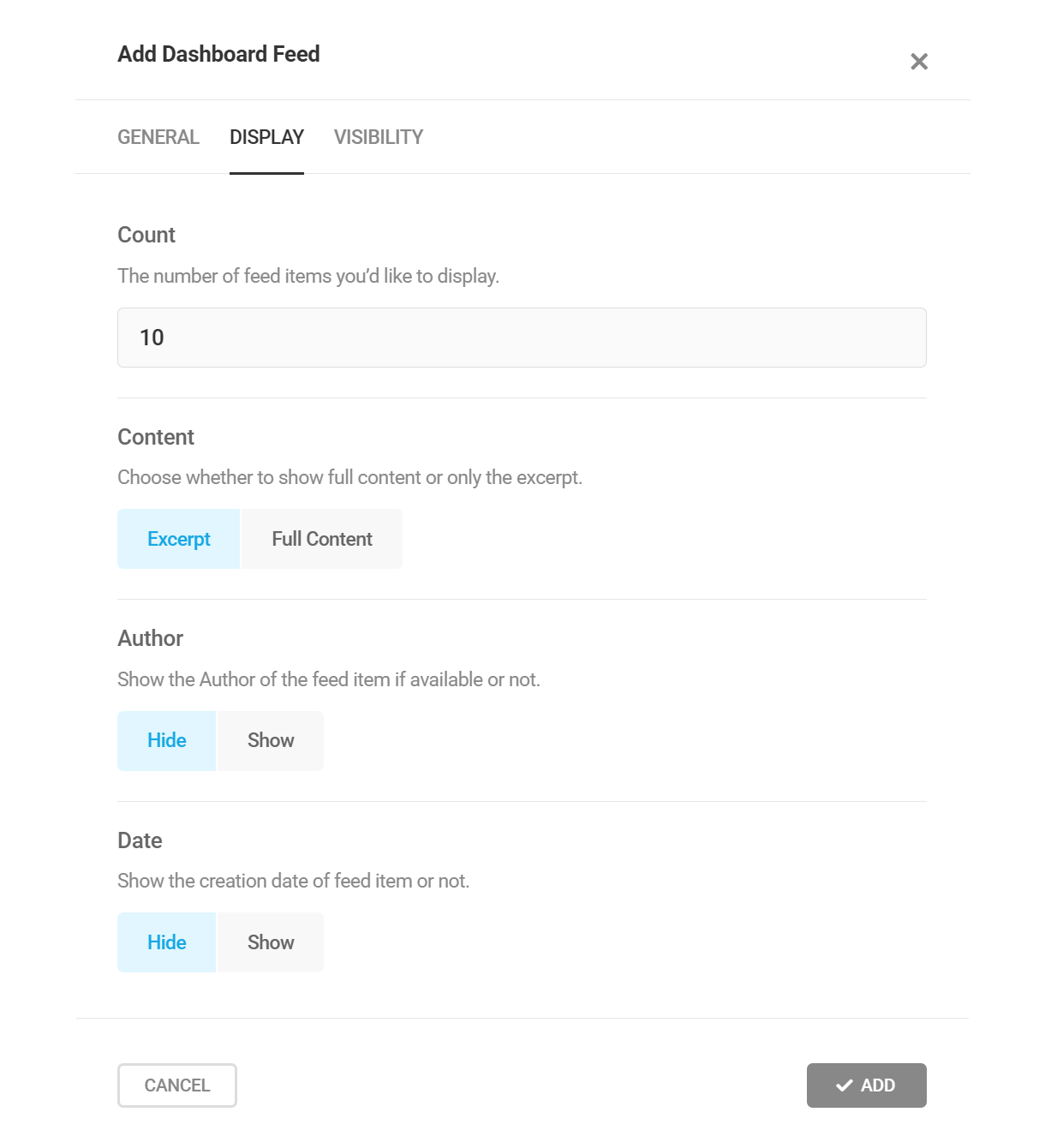 Display options in Branda dashboard feeds module