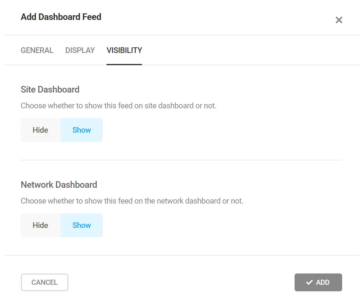 Visibility options in Branda dashboard feeds module